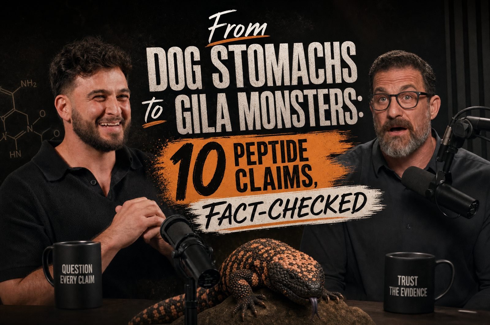 Illustration of two men at a podcast desk with microphones and a Gila monster, under the headline 'From dog stomachs to Gila monsters: 10 peptide claims, fact-checked'